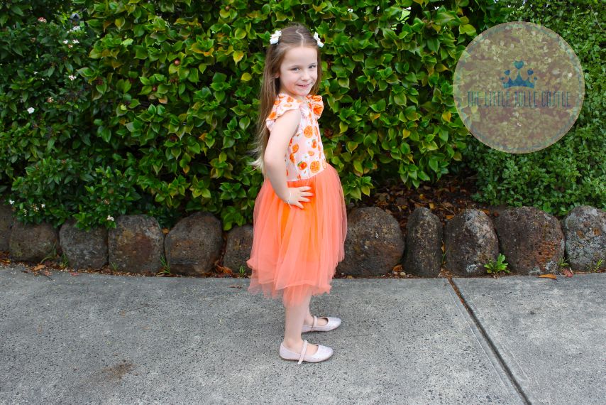 Oranges & Daisies Flutter Sleeve Tulle Dress